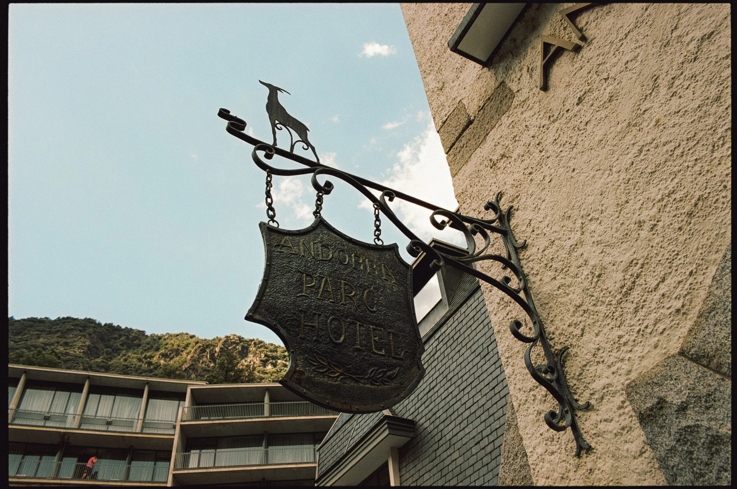 Reja de hierro con un letrero que dice 'Andorra Parc Hotel' y una figura de un perro sobre el reja, en una pared de piedra, con edificios residenciales y montañas en el fondo.