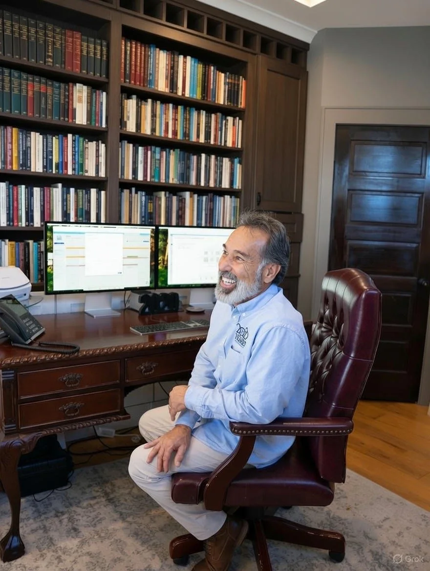 A man with gray hair and a beard sitting in a leather office chair in front of a wooden desk with dual computer monitors, a telephone, and a printer. Behind him is a large wooden bookshelf filled with books inside a home office.
