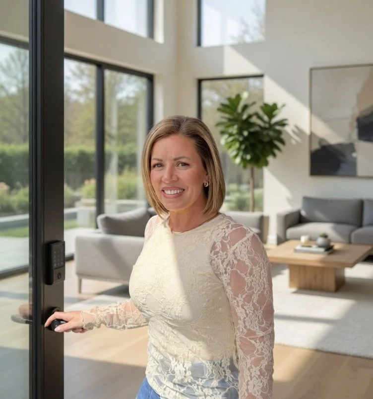 A woman standing on a patio, leaning against a counter, smiling, with outdoor furniture and a wooden fence in the background.