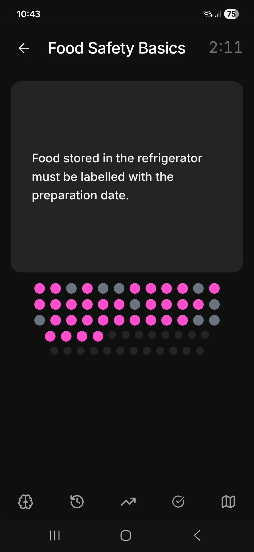 Screenshot of the Wislo app showing a “Food Safety Basics” quiz card with a true or false training statement, a timer, and a grid of pink and grey progress dots tracking learning progress.