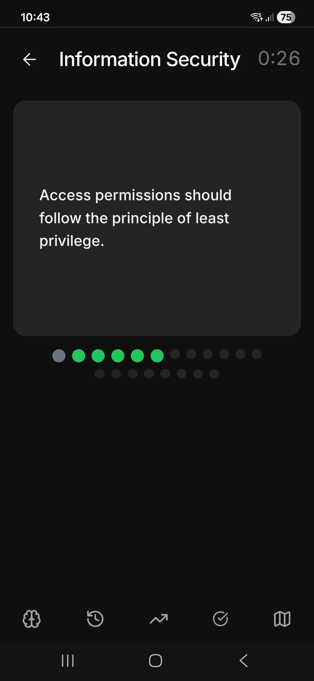 Screenshot of the Wislo app displaying an “Information Security” training quiz with a dark minimalist interface, countdown timer, and green progress dots representing correct answers.