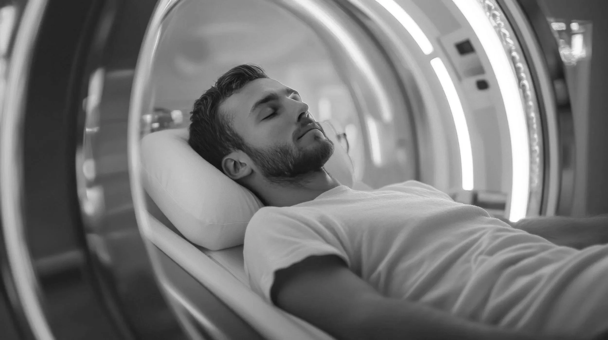 Member receiving Hyperbaric Oxygen Therapy (HBOT) inside a hyperbaric chamber at Cellier Vitality House