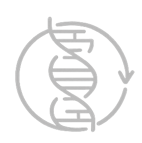 Black and white illustration of a DNA double helix inside a circular arrow.