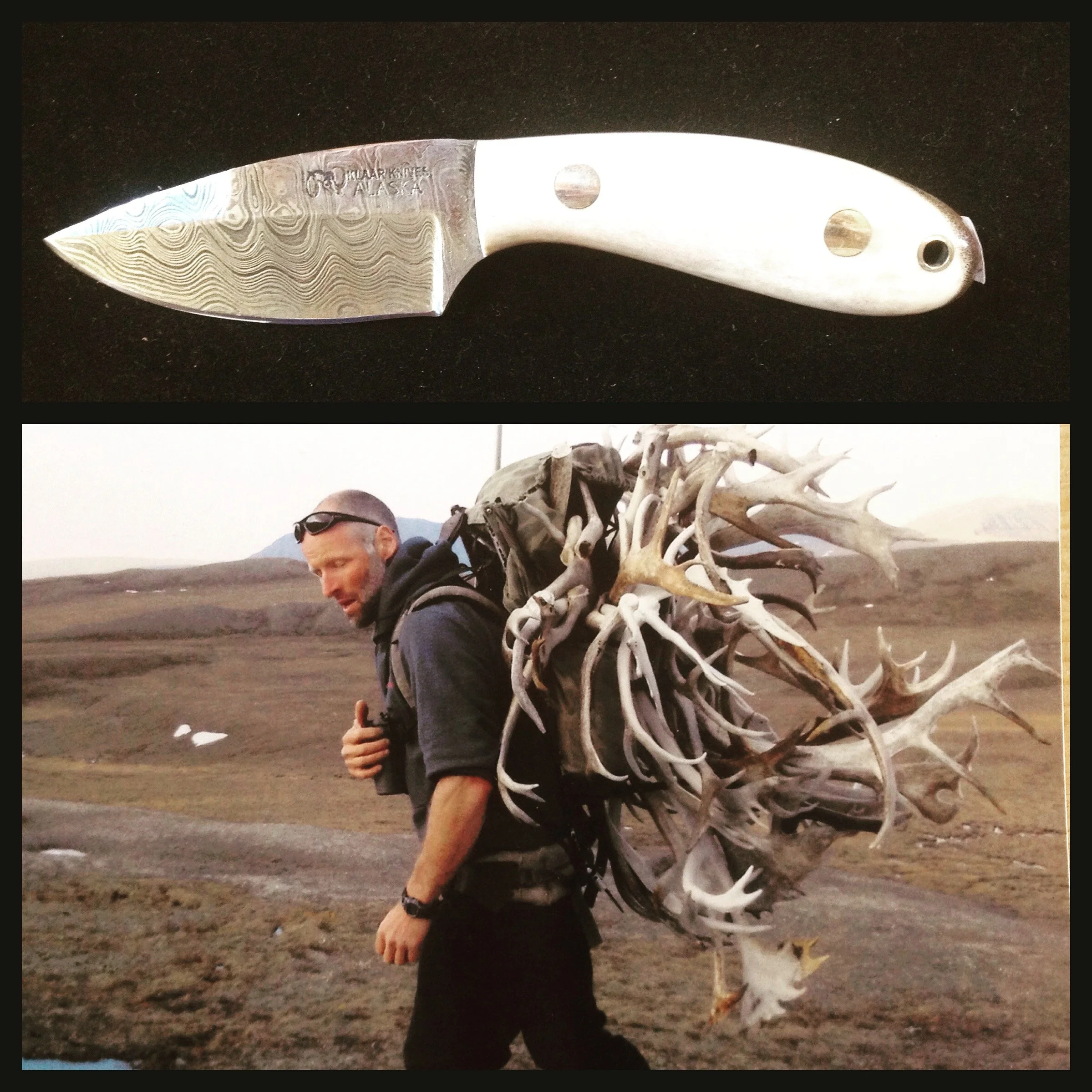 Top image of a Damascus steel hunting knife with a white handle, bottom image of a man hiking in a barren landscape carrying a large pack of deer antlers.