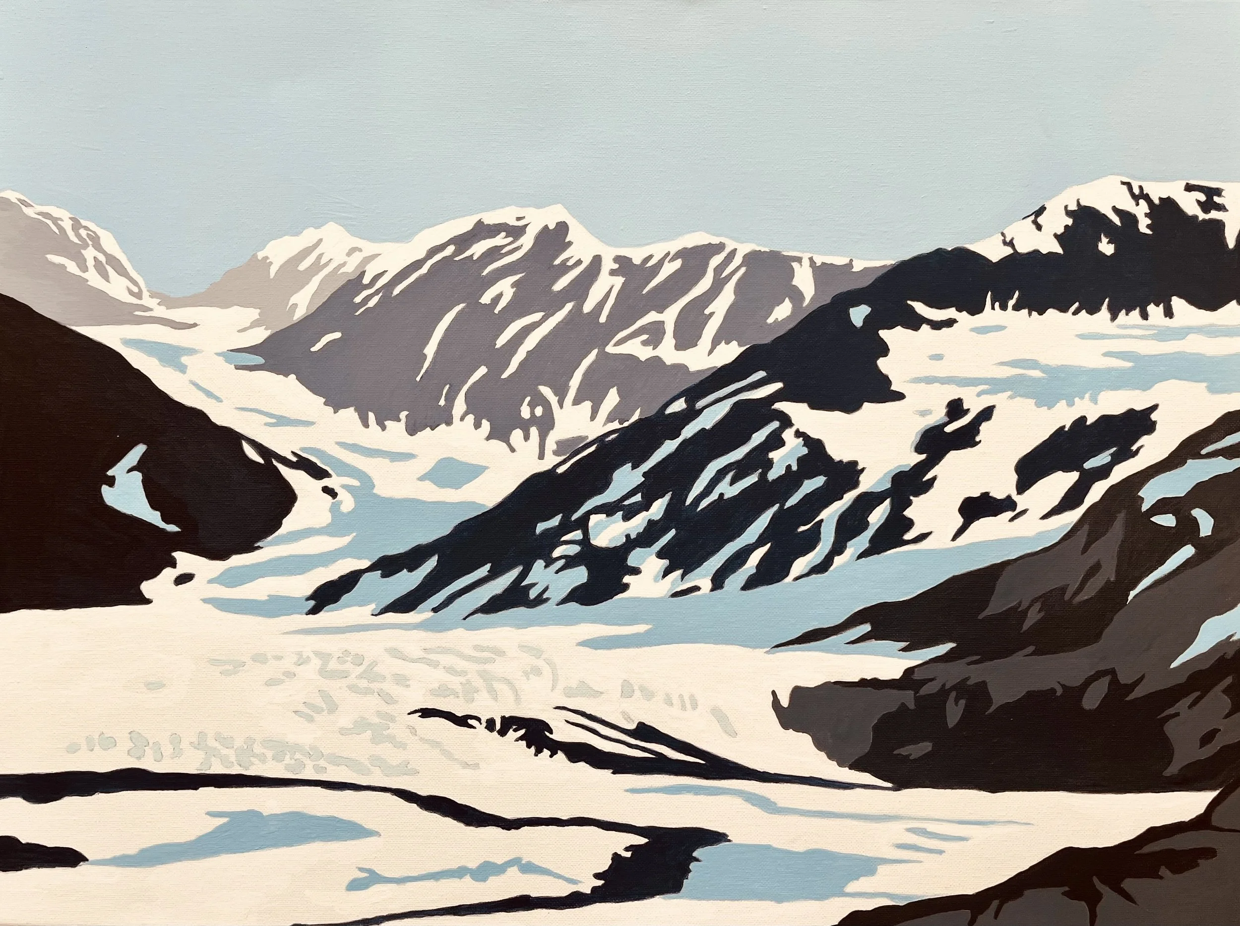 A landscape painting of snow-covered mountains and glaciers with a body of water in the foreground.