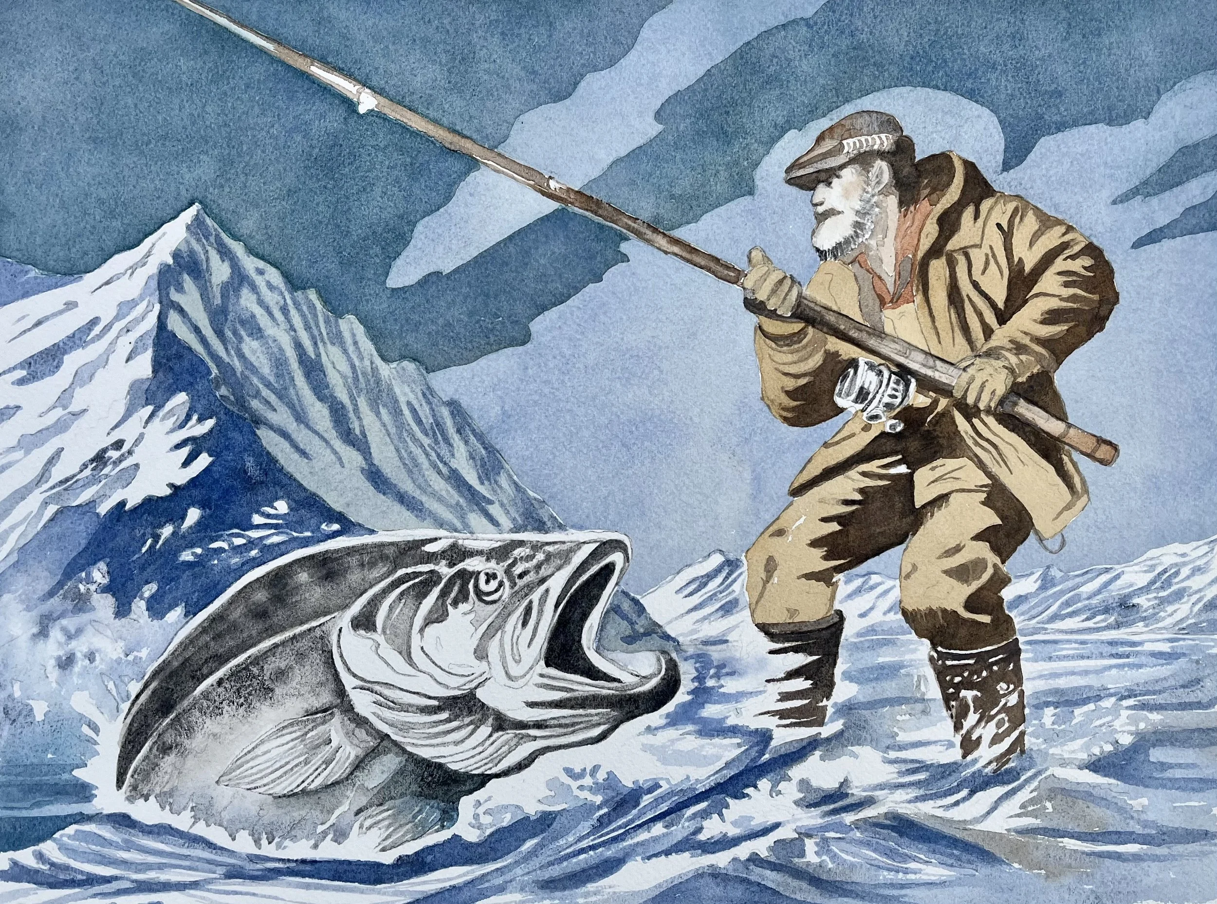 An elderly man with a beard, wearing a hat and winter coat, stands in icy waters holding a fishing rod and fishing a large fish from the water, with snow-covered mountains in the background.