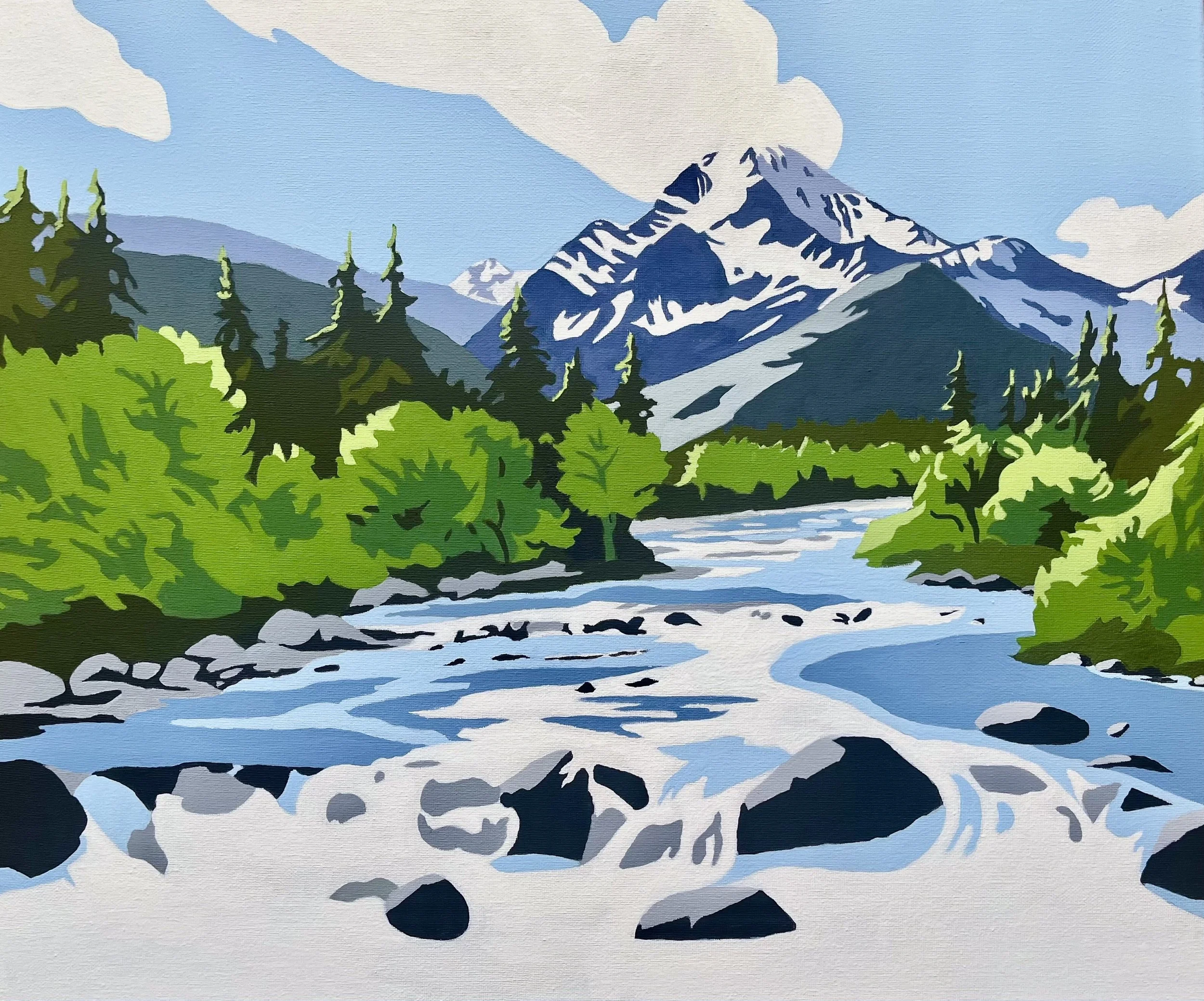 A digital painting of a mountain landscape with snow-capped peaks, green trees, and a flowing river in the foreground.