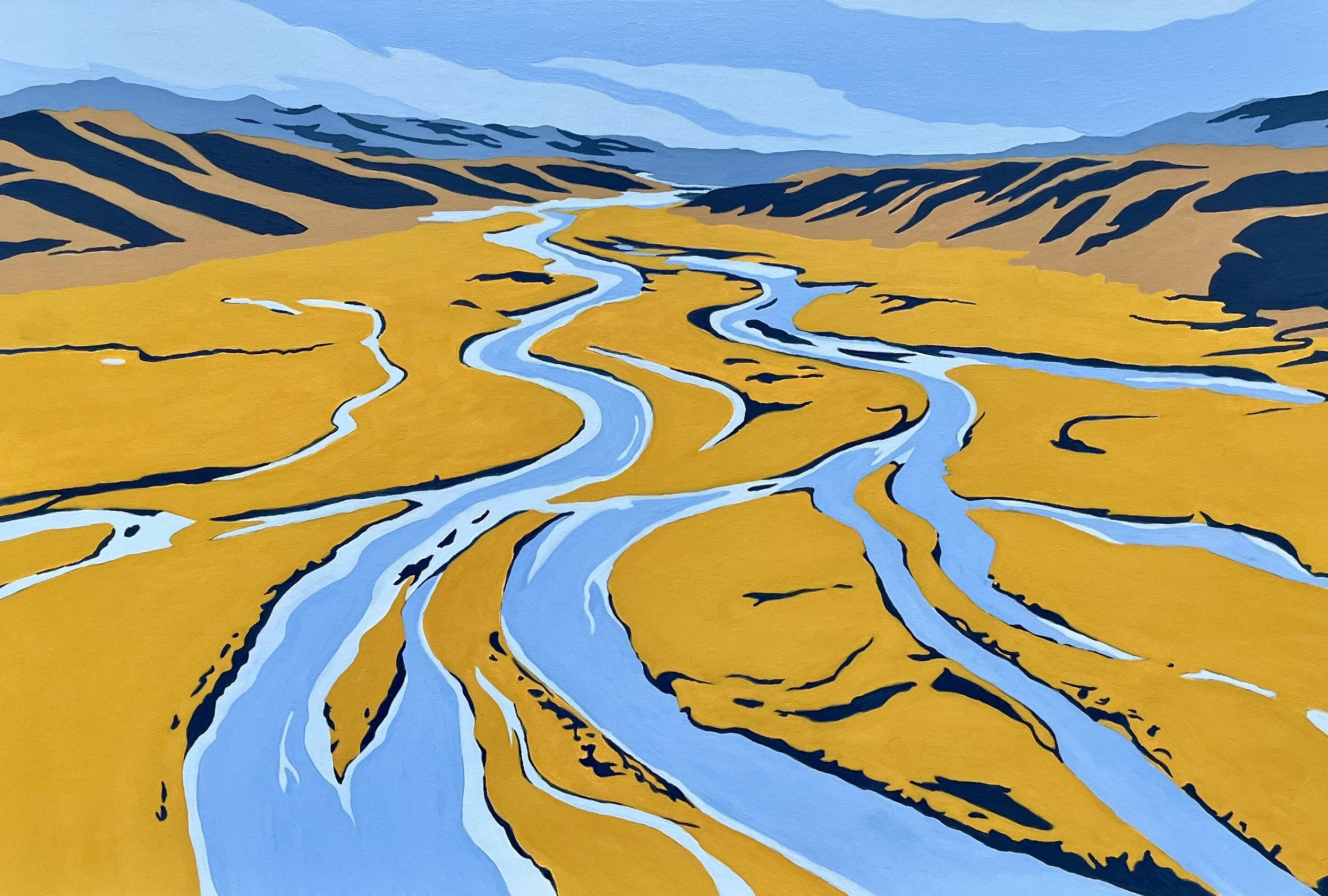 A painted landscape of a winding river flowing through a yellow field with mountains in the background under a blue sky.