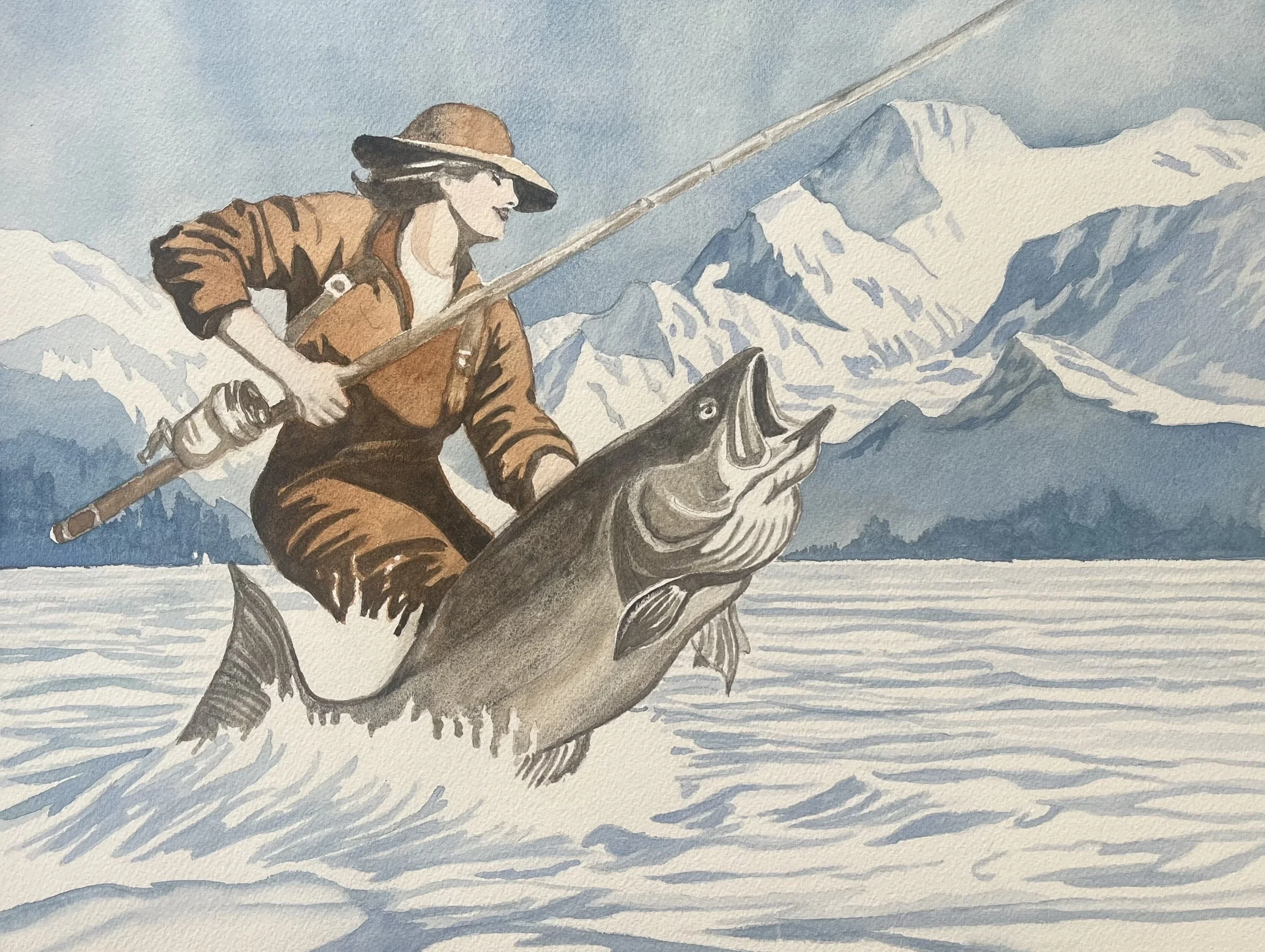 A watercolor painting of a woman fishing out of a boat in icy waters, with snow-covered mountains in the background.
