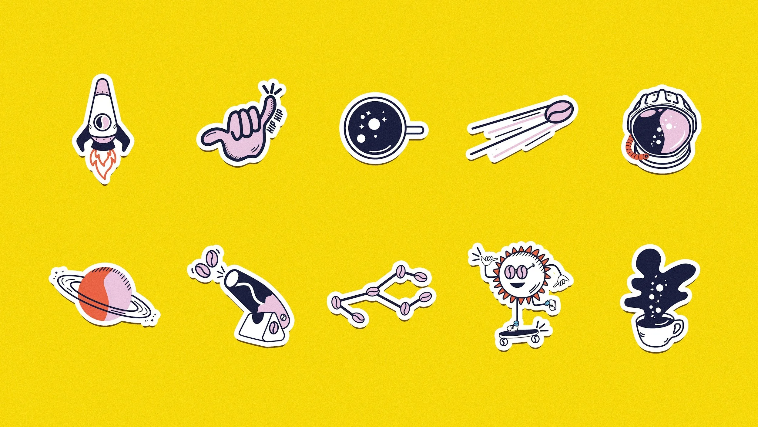 Set of space-themed stickers on a yellow background, including a rocket, a pointing hand, a coffee mug, a comet, an astronaut, a planet with rings, a molecule, a smiling sun wearing sunglasses, and a steaming cup of coffee.