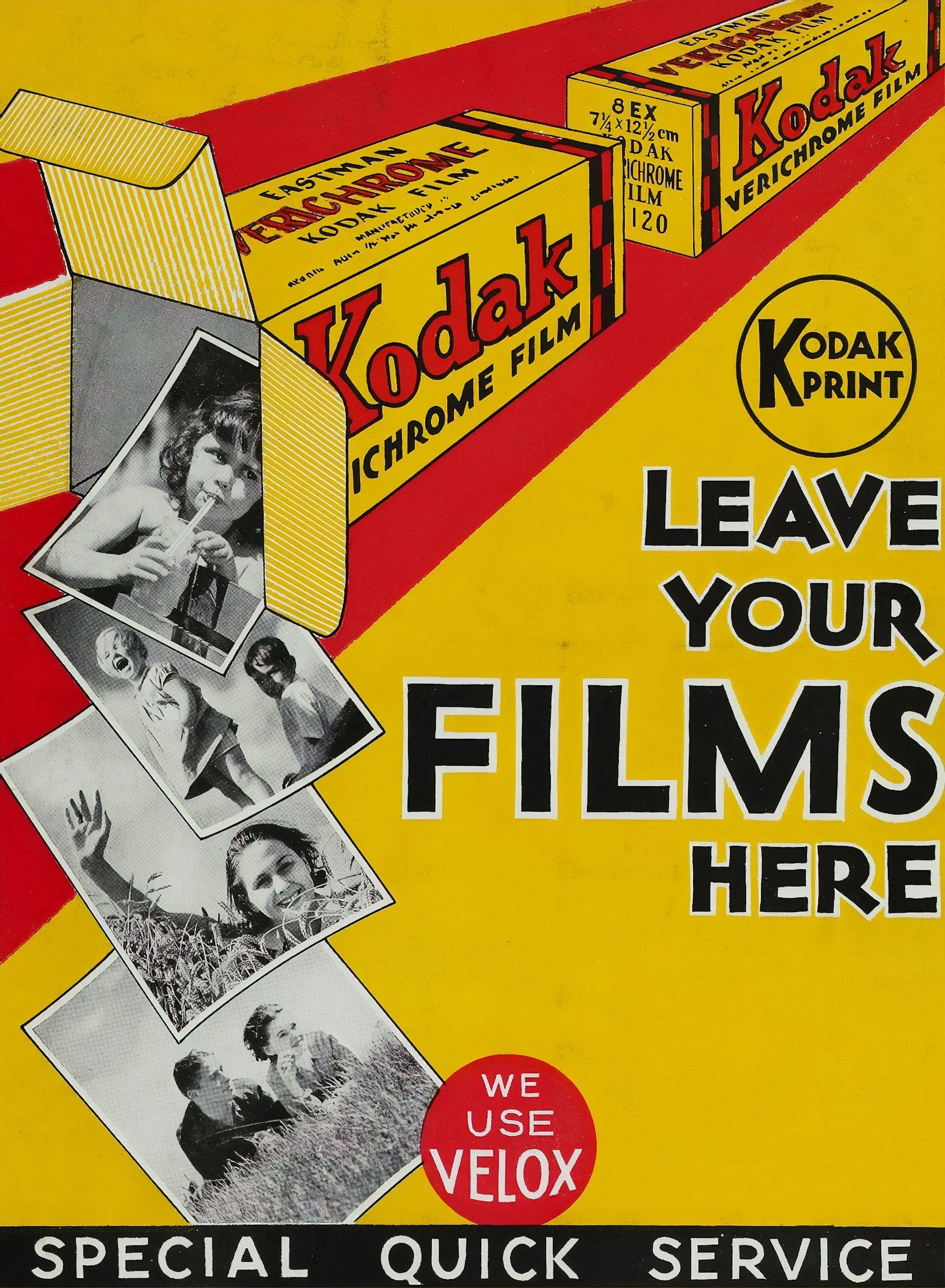 Colorful vintage advertisement for Kodak Chrome film and Velox, featuring black and white photographs of children and families, with bold red, yellow, and black text.