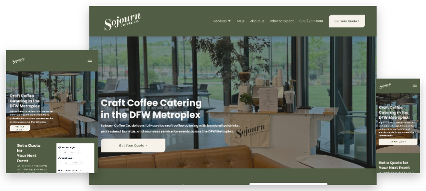 Screenshot of Sojourm Coffee Co website showcasing craft coffee catering at DFW Metroplex, featuring a modern coffee shop interior with large windows, plants, and a menu board.