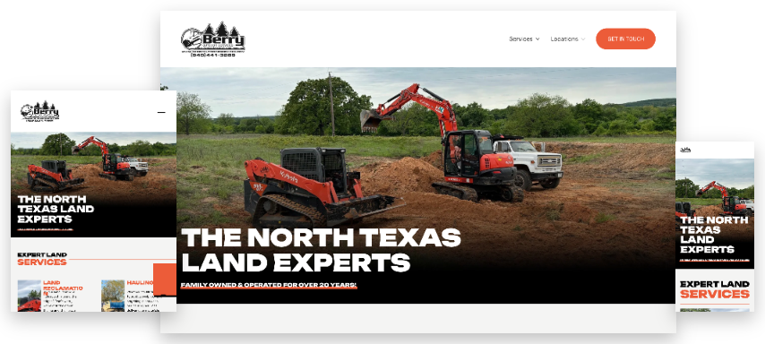 Screenshot of a construction or land development company website showing a red bulldozer and a red excavator working on a land site with trees and open sky in the background.