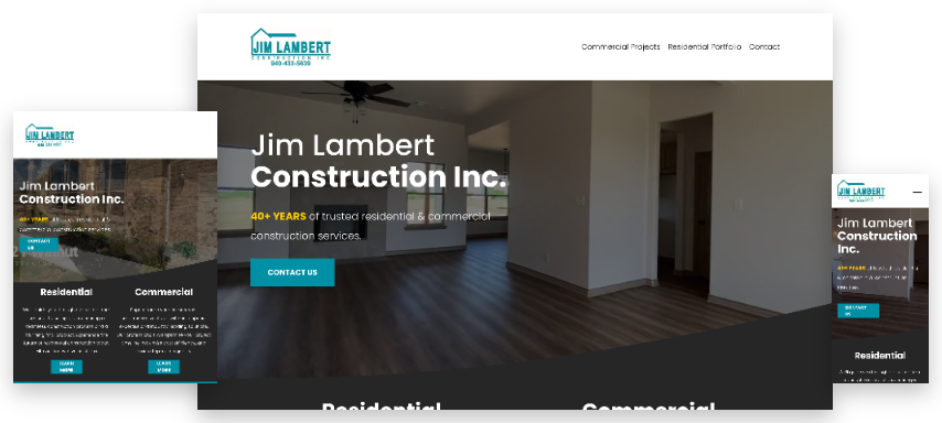 Screenshots of a construction company's website on different devices showing residential and commercial construction services, with a logo and contact information.