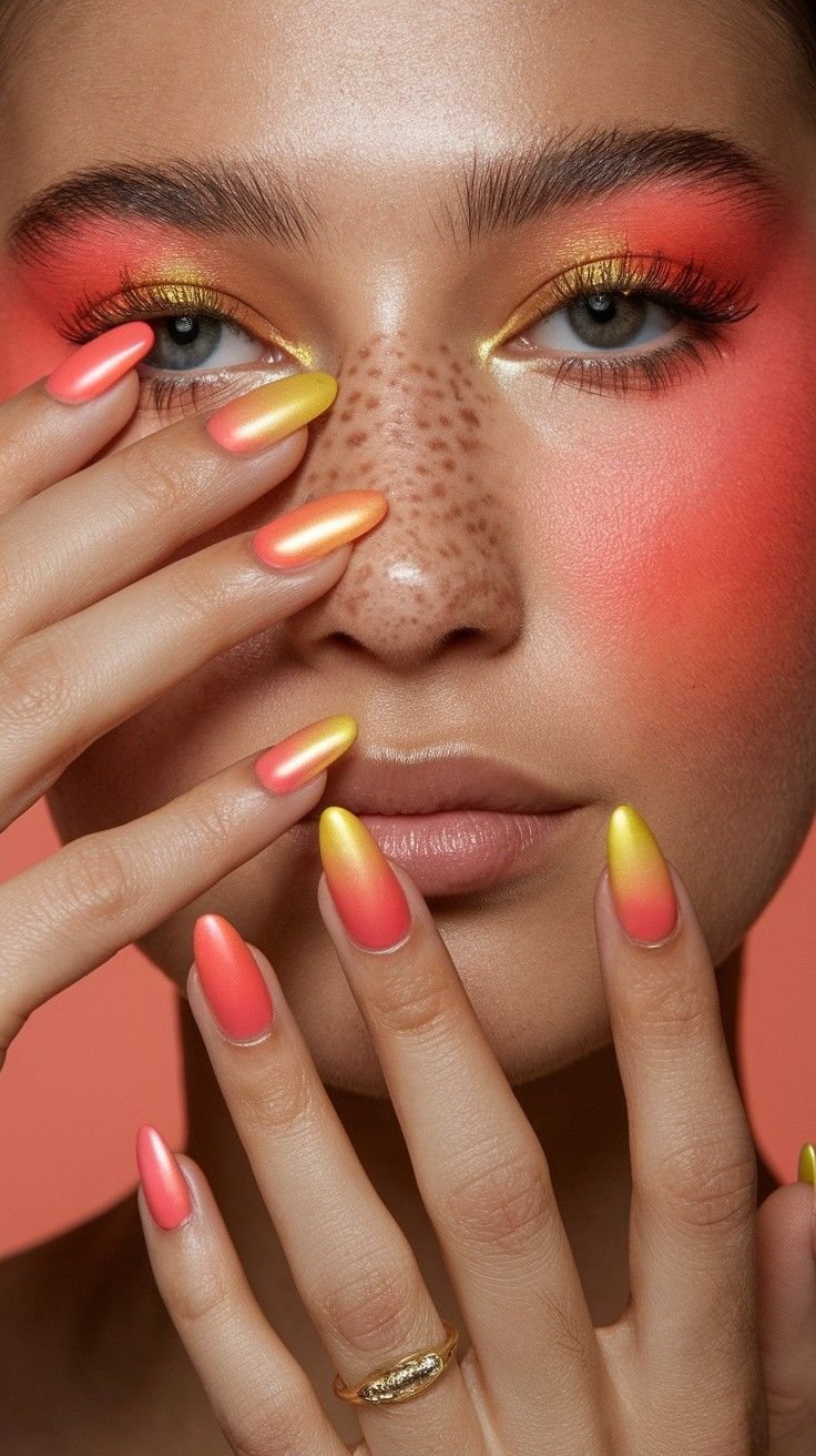 Close-up of a woman's face with colorful makeup and manicured nails. She has pink and yellow eyeshadow, freckled nose, and coral lipstick. Her nails are gradient pink, yellow, and coral, and she is wearing a gold ring.