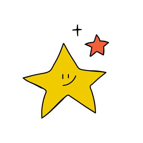 Dibujo de una estrella amarilla con cara sonriente, una estrella pequeña roja y hojas verdes sobre un fondo negro.