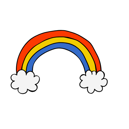 Arco iris con nubes en los extremos, con colores rojo, amarillo, azul y naranja.
