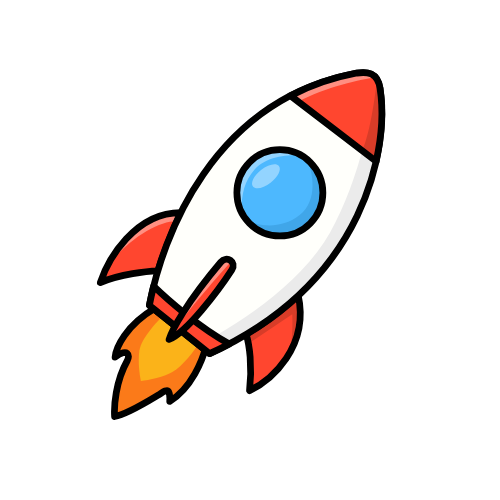 Ilustración de un cohete espacial con humo saliendo de la parte trasera, colores brillantes y diseño sencillo.