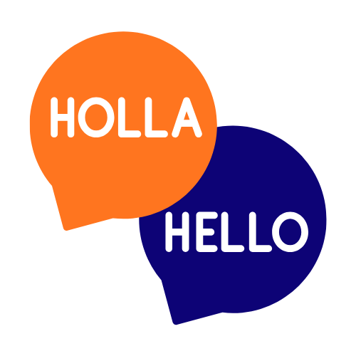 Dos burbujas de diálogo, una naranja con la palabra "HOLLA" y una azul con la palabra "HELLO".