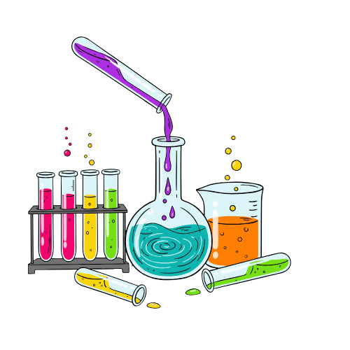 Ilustración de experimentos científicos con tubos de ensayo y un vaso de precipitados con líquidos de colores, donde un matraz contiene un líquido azul y otro vaso tiene un líquido naranja, todo sobre un fondo negro.