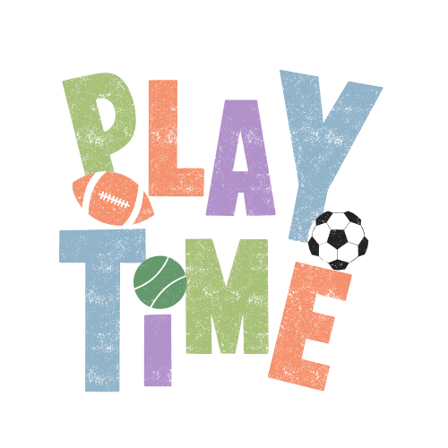 Texto colorido que dice 'PLAY TIME' con dibujos de un balón de fútbol, un balón de baloncesto, un balón de fútbol americano y un balón de golf.