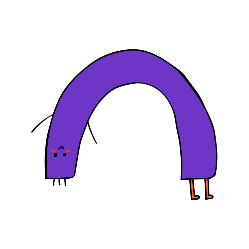 Dibujo de una criatura con cuerpo en forma de U de color morado, con cara sonriente, ojos cerrados, y patas cortas, una en cada extremo de las patas traseras, en un estilo simple y caricaturesco.