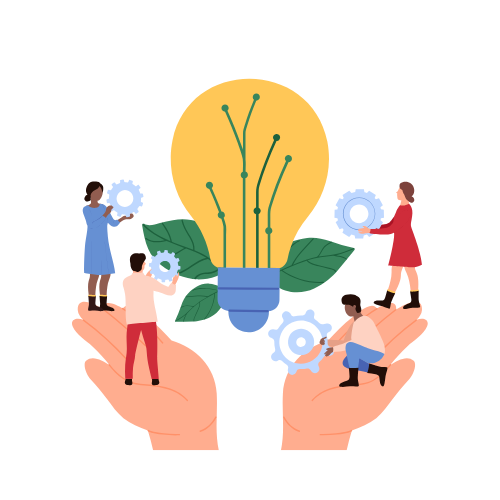 Cuatro personas interactuando con engranajes alrededor de una bombilla y hojas verdes, simbolizando colaboración y creatividad.