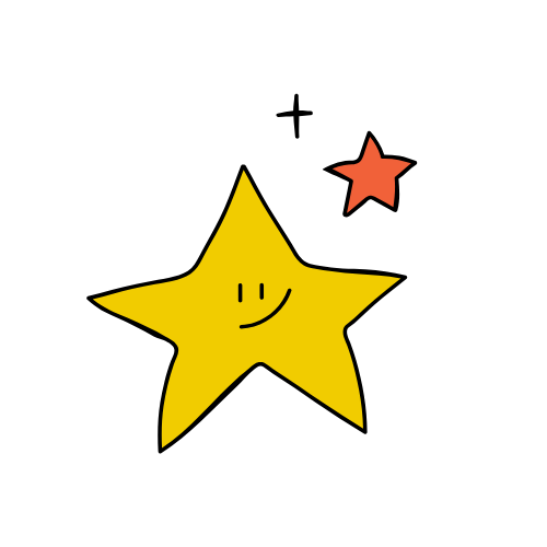 Estrella amarilla con cara sonriente, acompañada de una estrella roja más pequeña y un símbolo de más arriba.