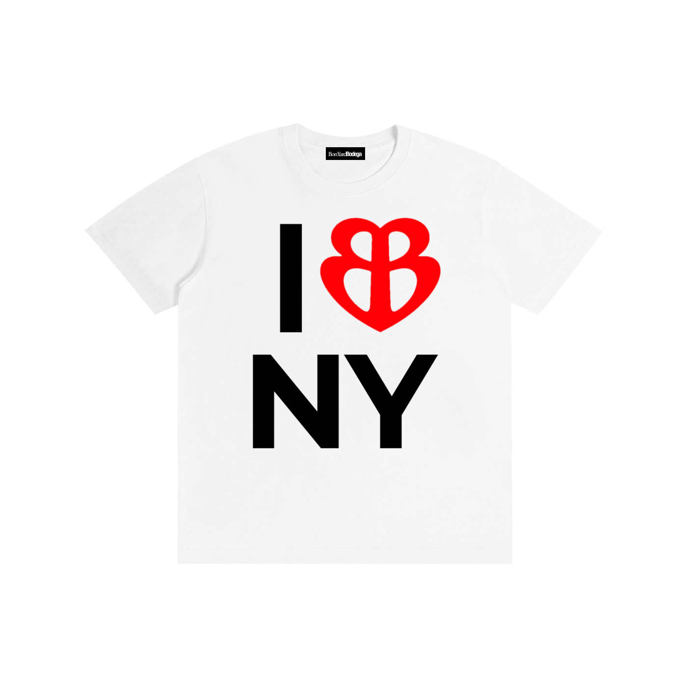 White t-shirt with black text saying "I" and "NY," and a red heart with a peace sign in the middle of it, replacing the word "love" in the phrase "I love NY."