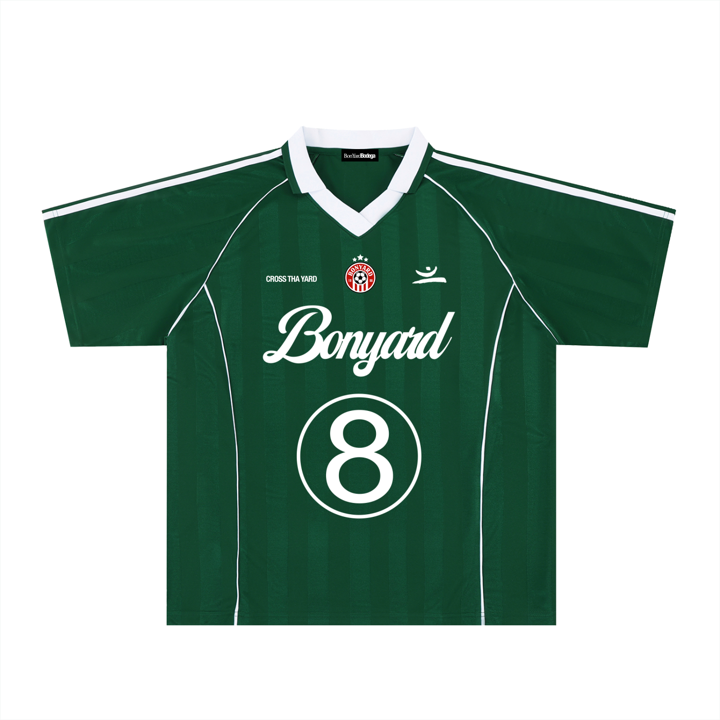 Green soccer jersey with white accents, the number 8 on the front, and several logos including 'Bonyard' and a crest with a football, stars, and text.