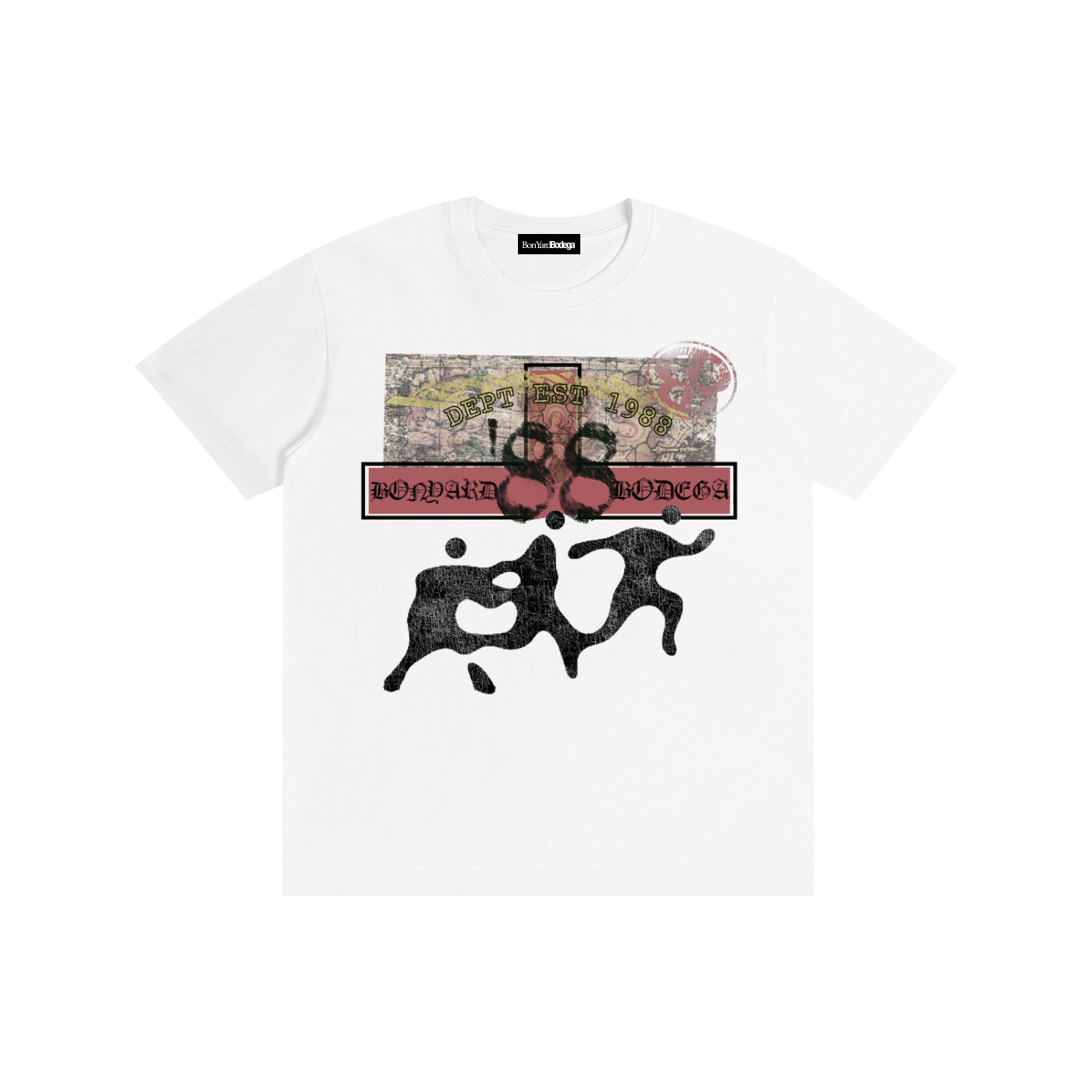 White T-shirt with graphic design featuring black silhouettes of children playing, a red rectangle with black text, and a textured background poster with a pink section, yellow arch, and text that reads 'DEPT EST 1988'.