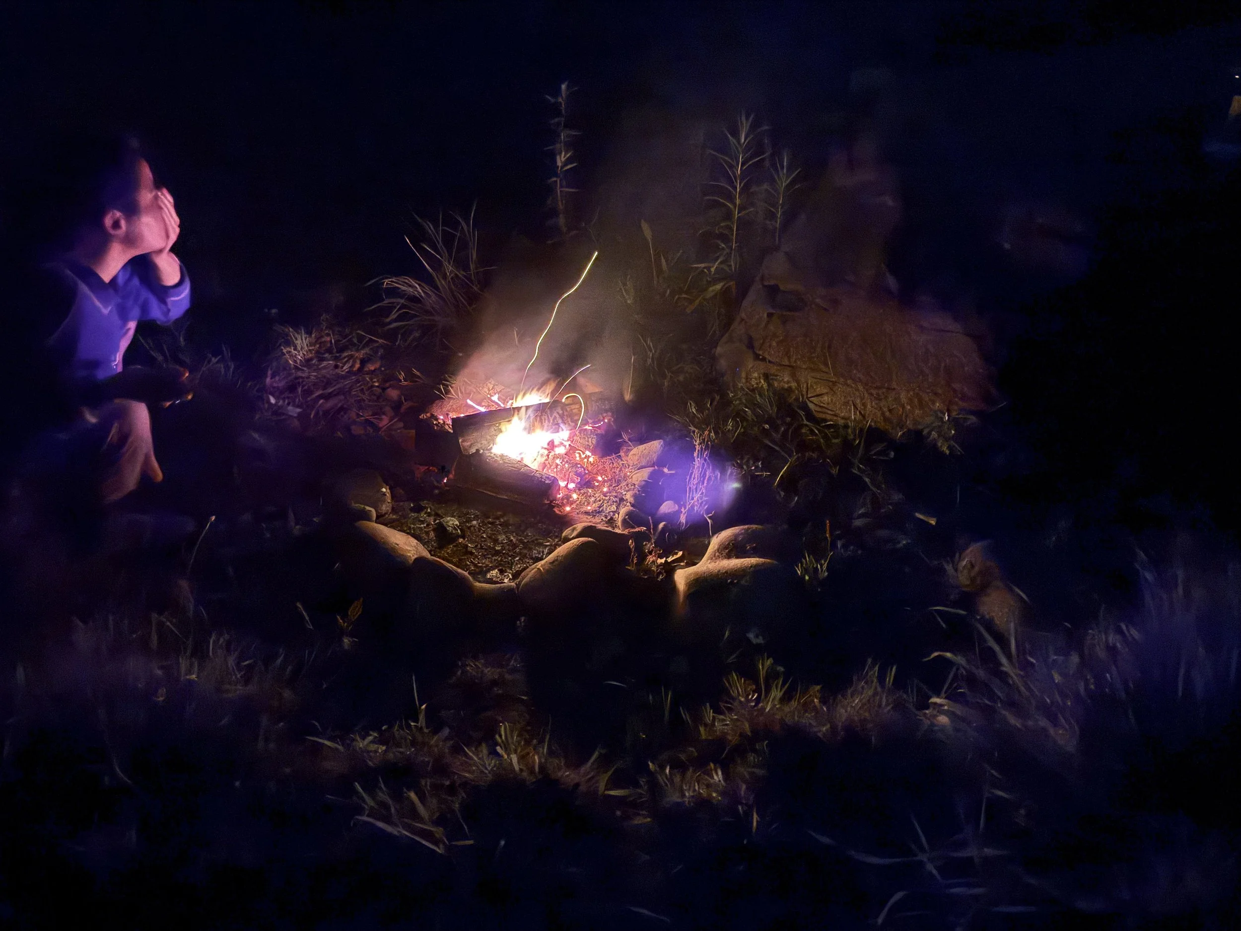 Person sitting near a small campfire at night with tall grass and rocks around.