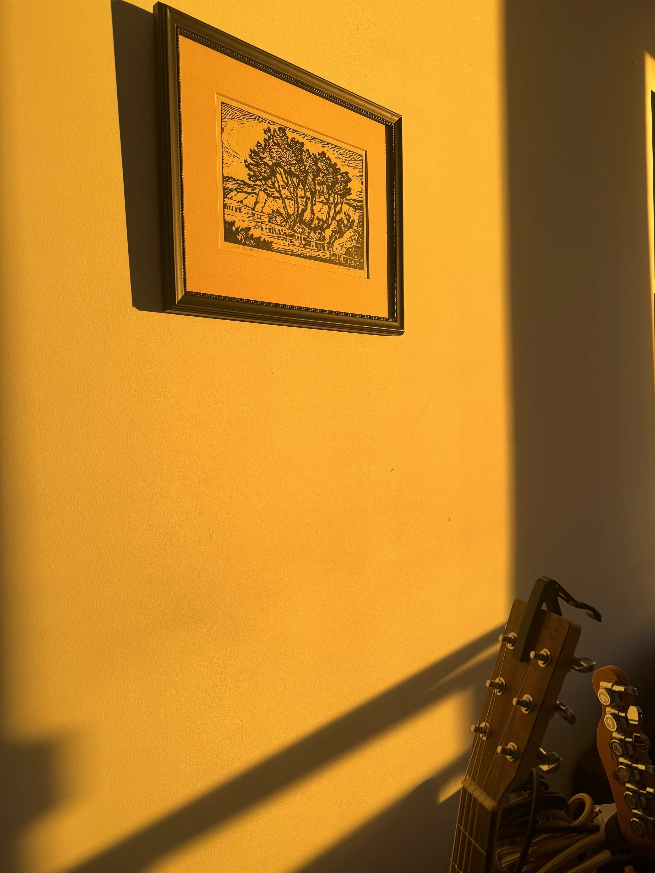 A framed picture of a landscape with trees hanging on a yellow wall. The sunlight and shadows create a warm ambiance, with guitars on a rack visible at the bottom right.