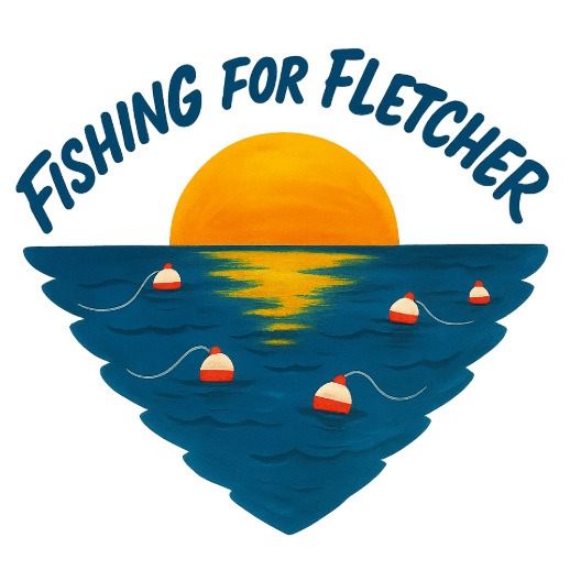 The website logo, of a sunset over water with bobbers and text reading "Fishing for Fletcher" curved around the top.