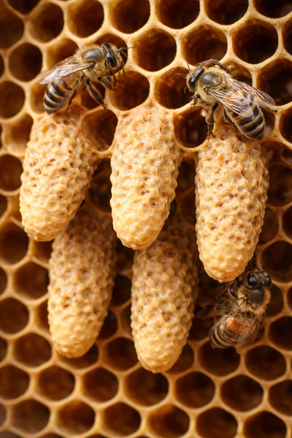 Close-up of queen bee cells on a honeycomb surrounded by worker bees