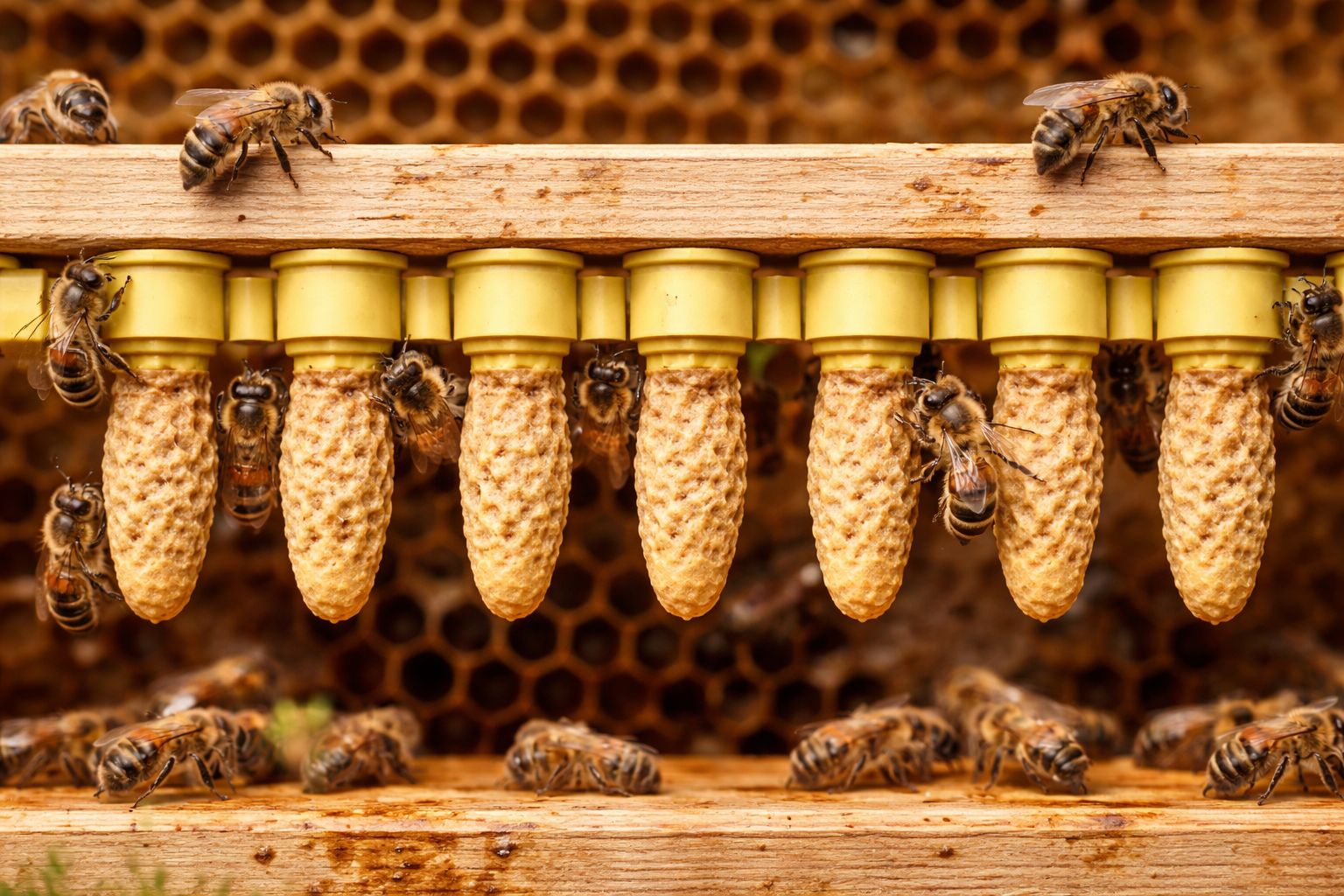 “Beekeeping queen rearing with capped queen cells on a queen cell bar surrounded by worker bees