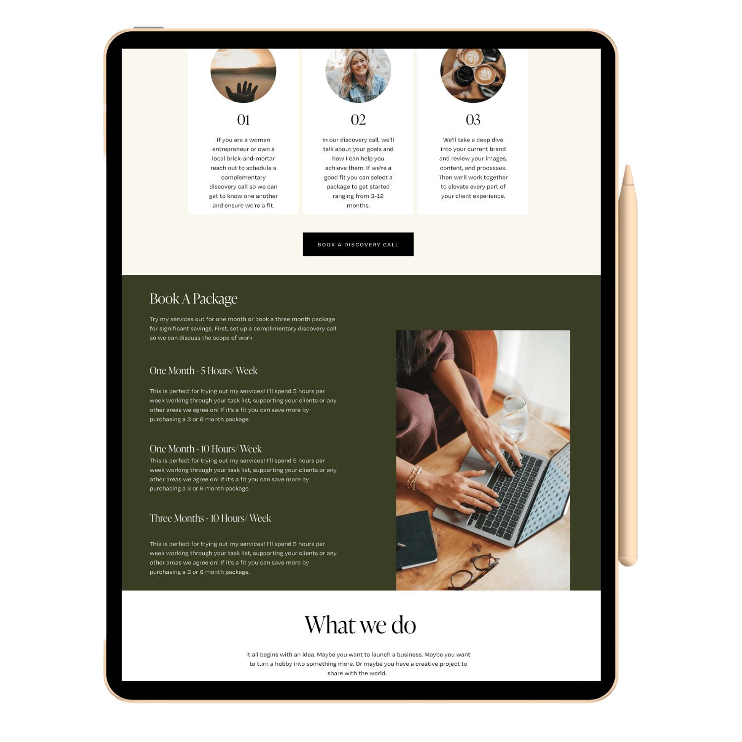 A tablet displaying a website about booking discovery calls and service packages, with a stylus pen attached to the right side of the device.