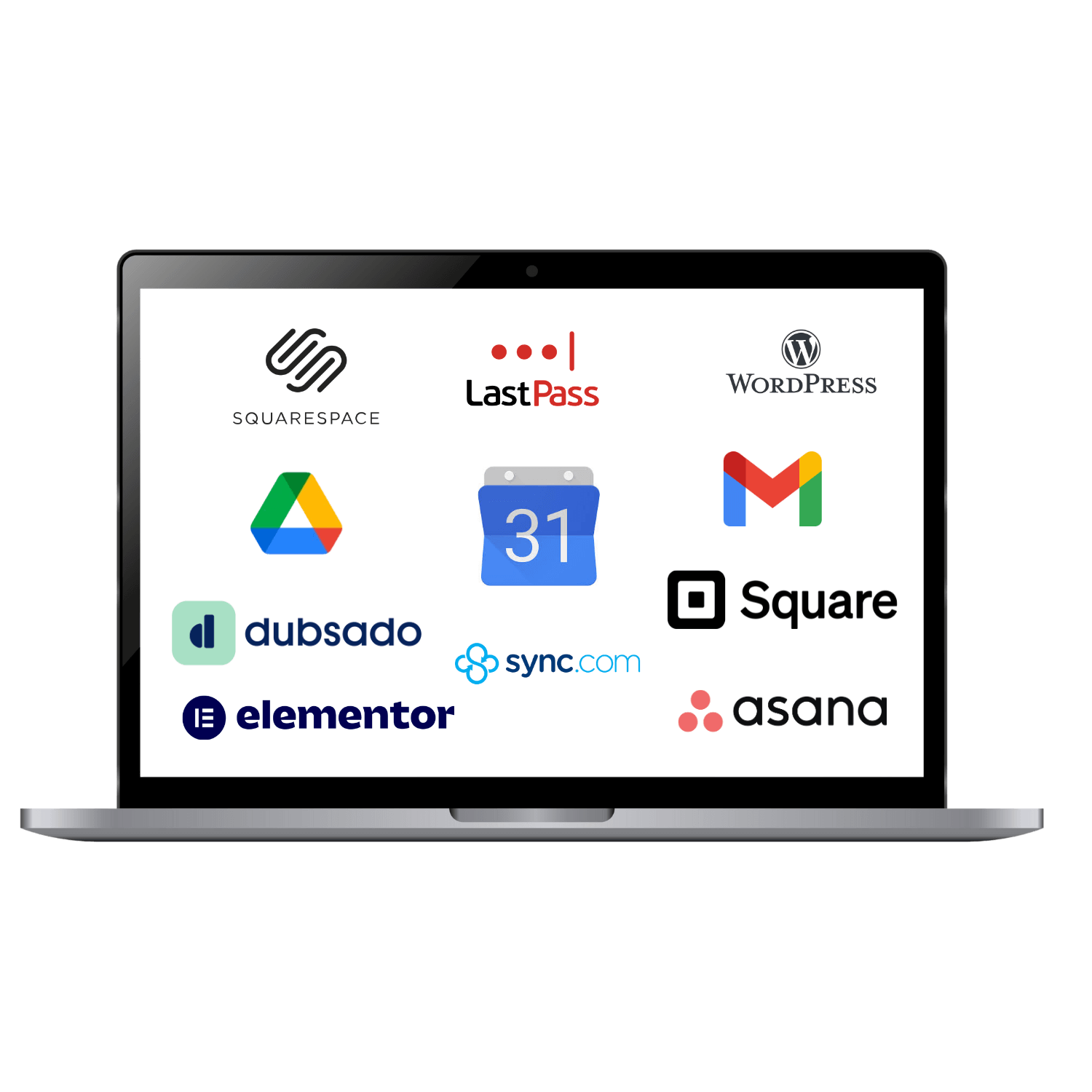 Laptop screen displaying various website and app logos, including Squarespace, LastPass, WordPress, Google Drive, Google Calendar, Gmail, Dubsado, sync.com, Square, Elementor, and Asana.
