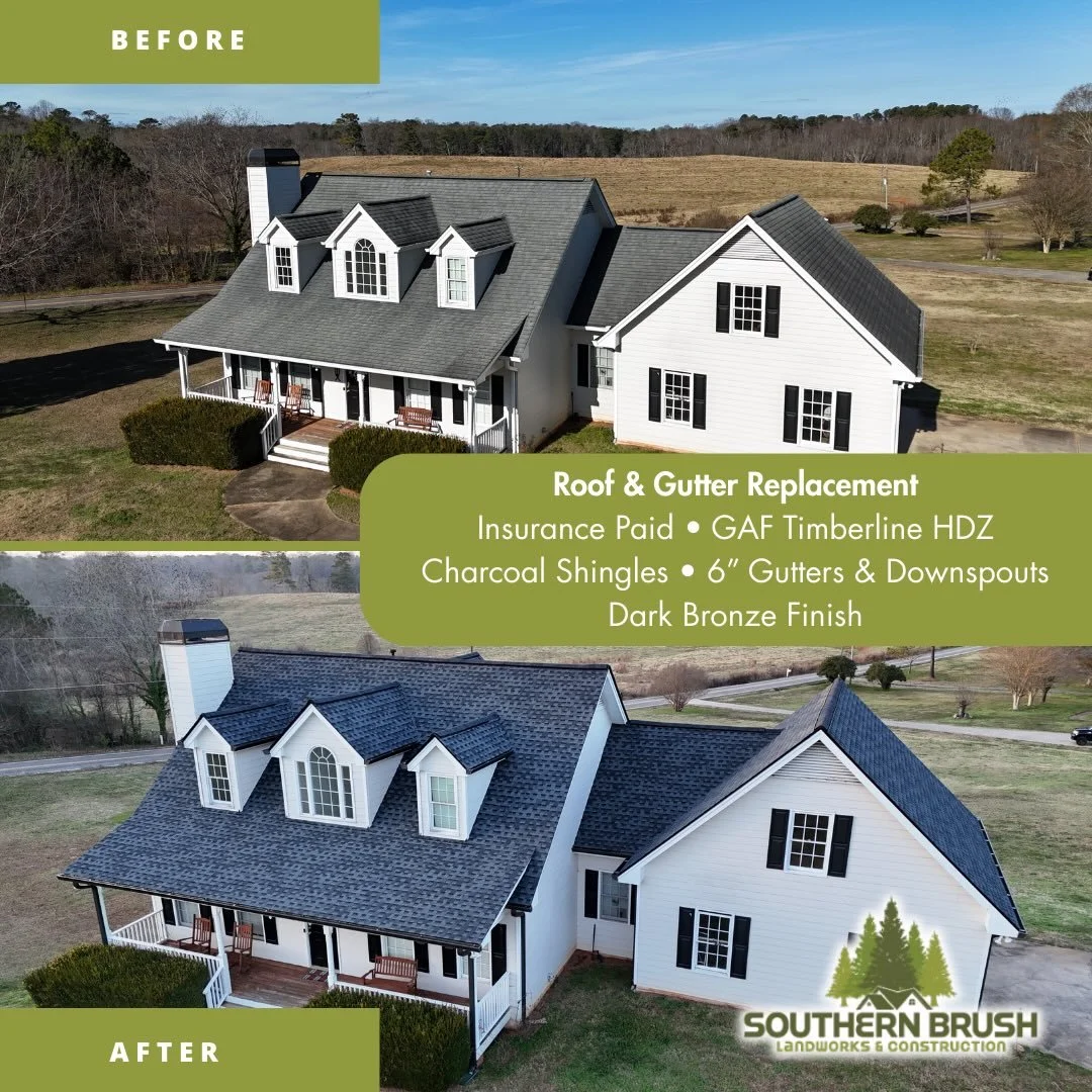 A beautiful new roof in North Georgia makes all the difference.

This home received a full roof replacement featuring a GAF Timberline HDZ roofing system in Charcoal, along with 6-inch gutter replacement in North Georgia using dark bronze gutters and