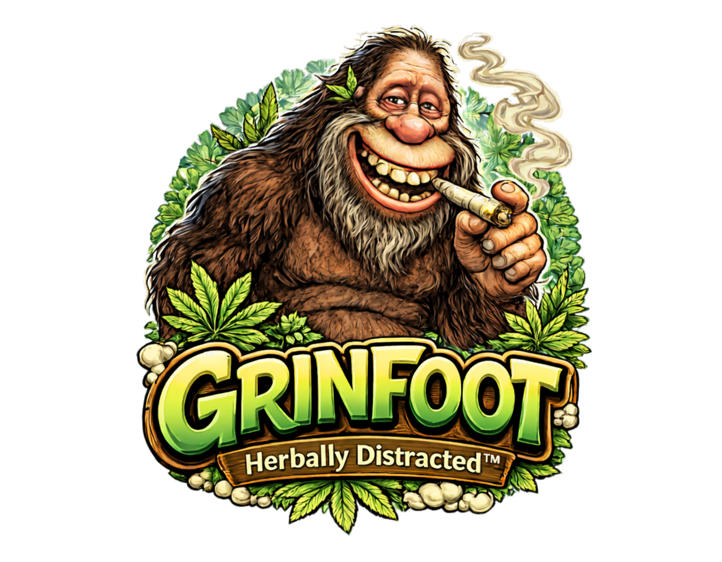 Grinfoot™ Bigfoot mascot for Herbally Distracted™ with green leaf background and smoke detail