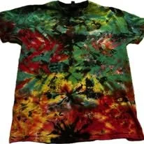 Tie-dye T-shirt with green, red, yellow, and black patterns.