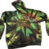 Tie-dye sweatshirt with a motorcycle graphic and the text 'Unbelievably Distracted.'