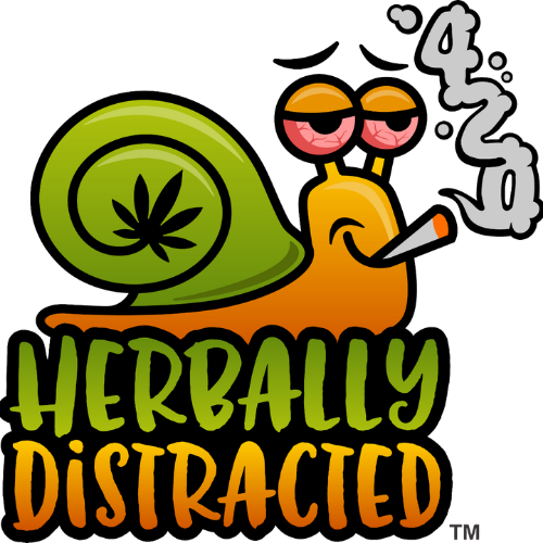 Snoop Snailz™ 420 snail mascot for Herbally Distracted™ with green cannabis leaf shell and smoke detail