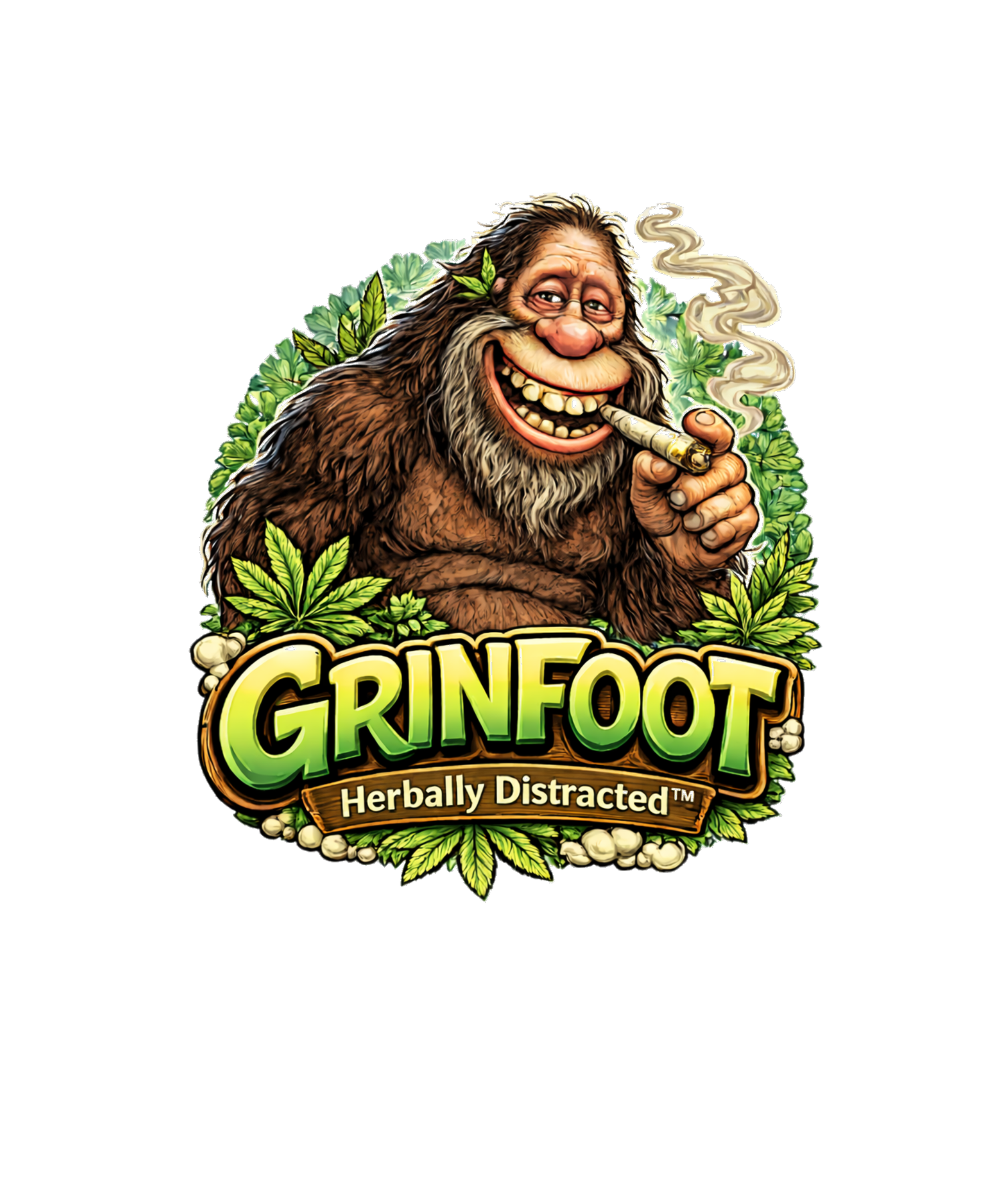 Grinfoot™ Bigfoot mascot for Herbally Distracted™ with green leaf background and smoke detail