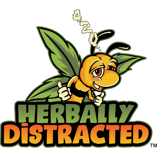 Buzz Marley™ bee mascot with green cannabis leaves for Herbally Distracted™
