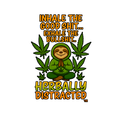 Leafwise Sloth™ mascot for Herbally Distracted™ in meditative pose with green cannabis leaf design