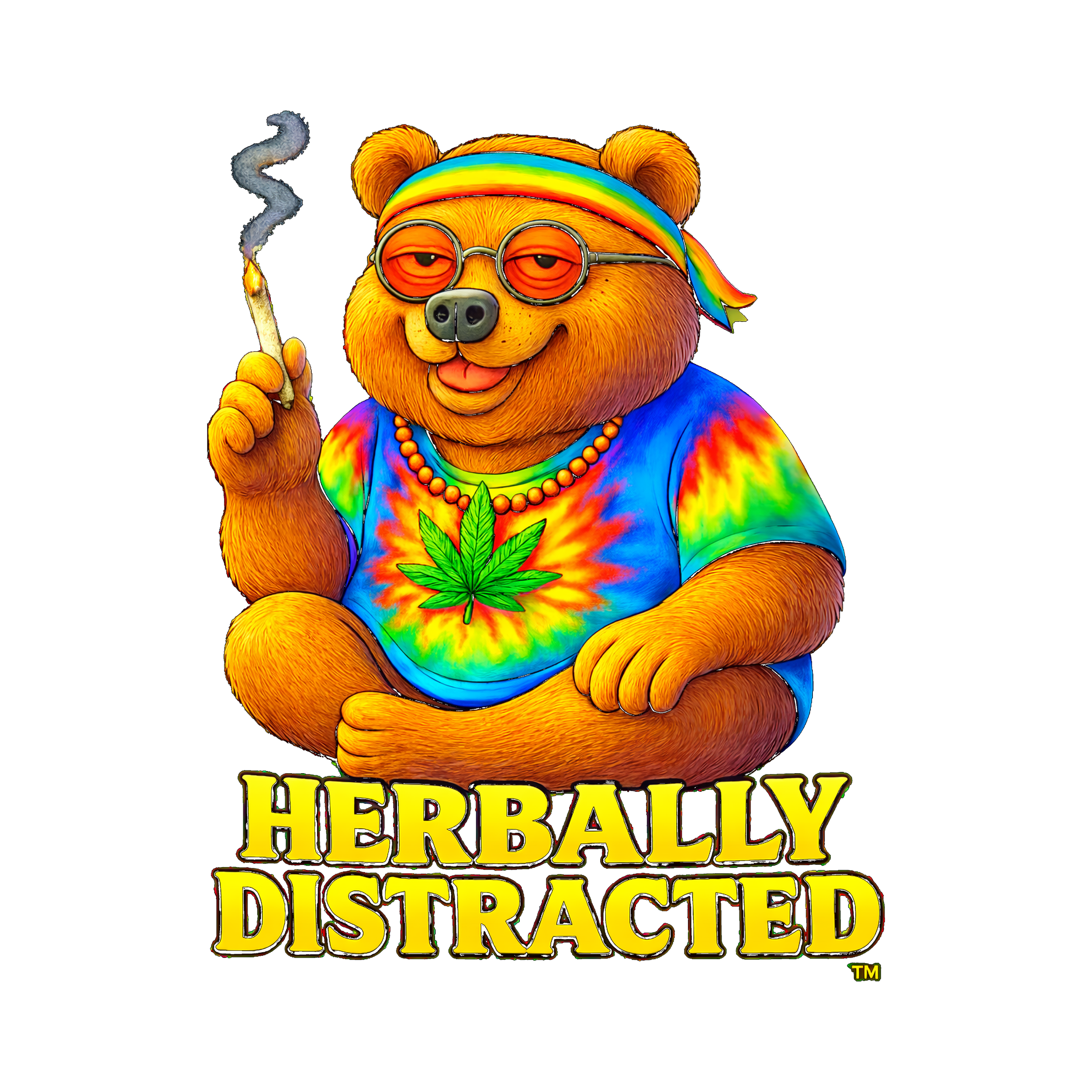 Jerry Bearcia™ bear mascot for Herbally Distracted™ wearing tie-dye shirt with cannabis leaf and smoke detail