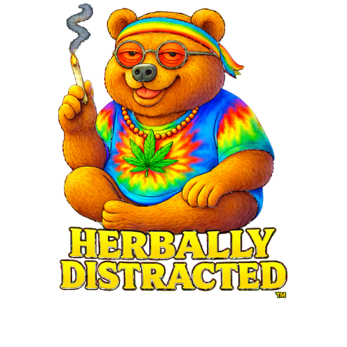 Jerry Bearcia™ bear mascot for Herbally Distracted™ wearing tie-dye shirt with cannabis leaf and smoke detail