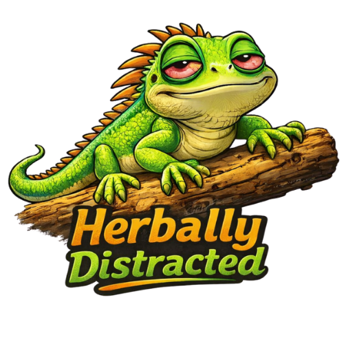 Iggy Verde™ lizard mascot for Herbally Distracted™ perched on a log