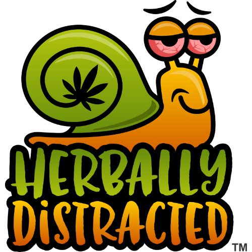 Snoop Snailz™ snail mascot for Herbally Distracted™ with green cannabis leaf shell
